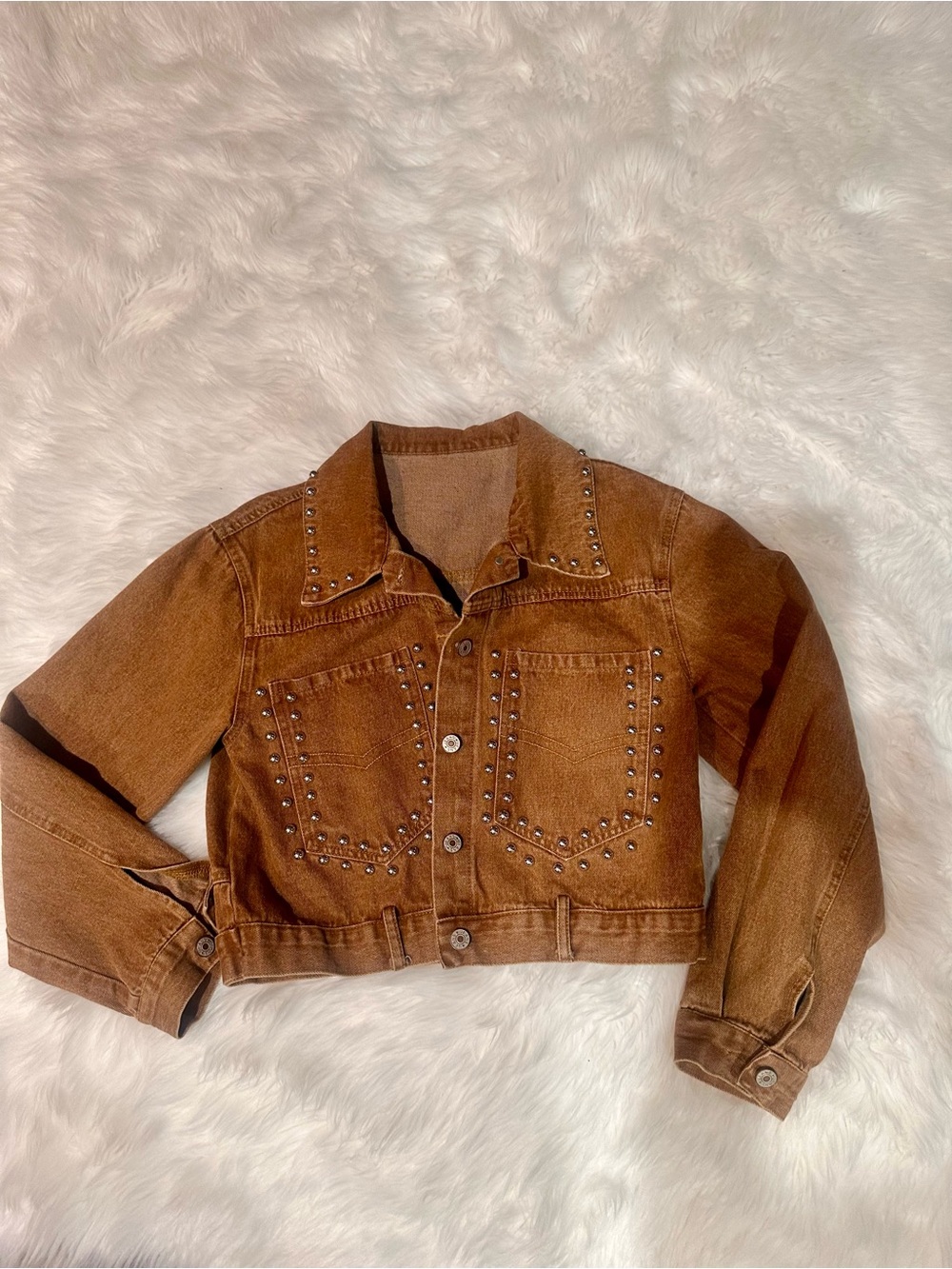 Cropped Brown Stud-Detail Jean Jacket